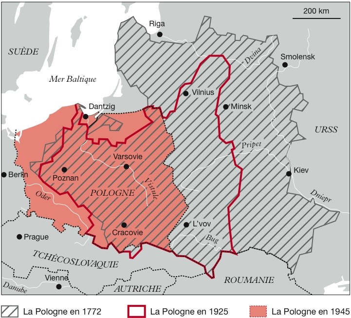 Carte de la Pologne entre 1772 et 1945 - © Archives et Culture par Jean-Pierre Magnier