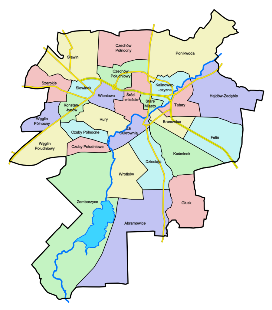 Carte des différents arrondissements de Lublin