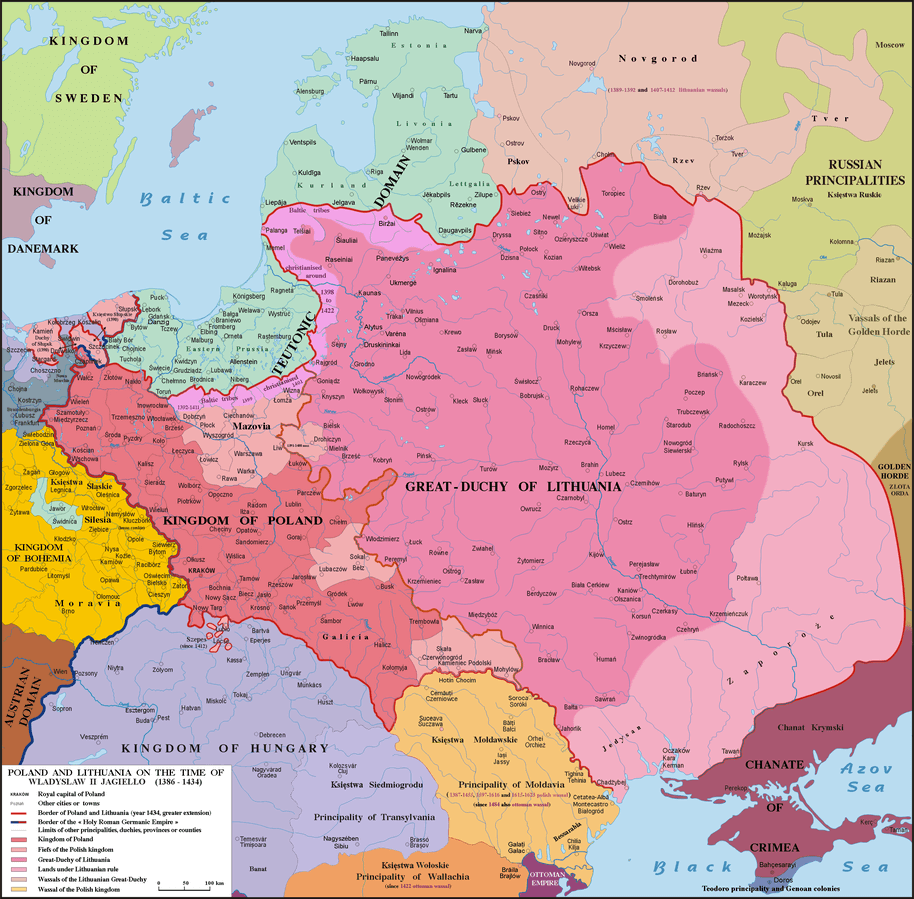 Carte du Royaume de Pologne et du Grand-duché de Lituanie qui ont formé au XVIIème siècle le Commonwealth polono-lituanien aussi appelé Rzeczpospolita Obojga Narodów en polonais. 