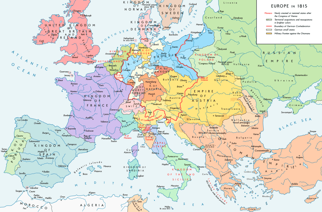Carte de l'Europe en 1815 après le Congrès de Vienne
