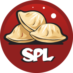 Logo Sauce Polonaise, Pierogis dans un cercle rouge avec la mention SPL