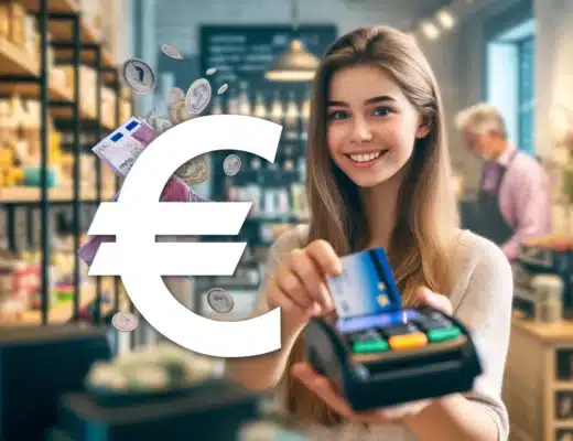 Jeune fille qui paie sur un terminal de carte bleue en euro pour illustrer le fait que la Pologne n'ait pas l'euro