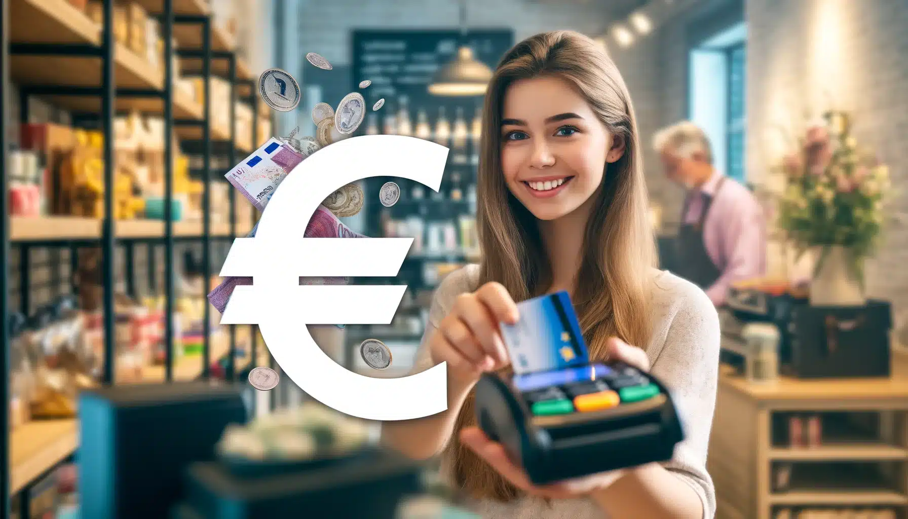 Jeune fille qui paie sur un terminal de carte bleue en euro pour illustrer le fait que la Pologne n'ait pas l'euro