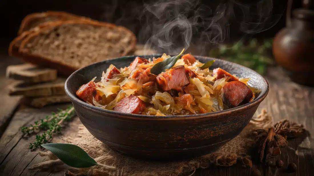 Bigos, choucroute polonaise dans son assiette encore fumante