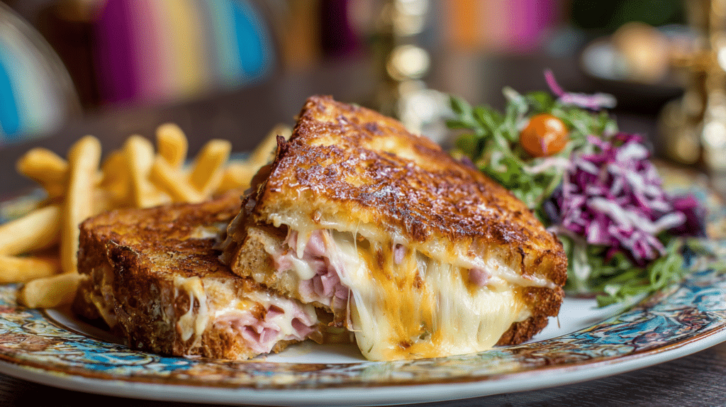 croque monsieur servi dans une assiette avec de la salade et des frites, coupé en deux, on voit bien le jambon et le fromage coulant