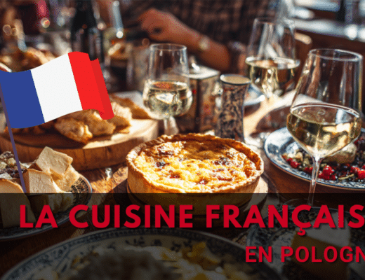 le cuisine francaise en Pologne avec le titre écrit et derrière une image représentant une table avec des mets français, sur la gauche un drapeau français
