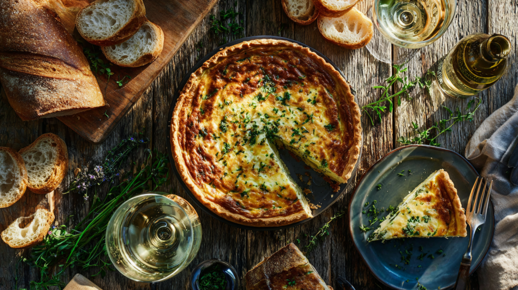 quiche française vue du dessus avec une part coupée et servie dans une assiette, dressé sur un table rustique avec une baguette de pain et des tranches coupées et des verres de vin blanc