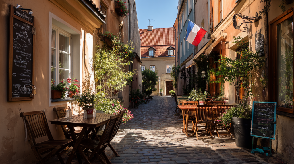 Vue d'une ruelle en Pologne dans une vieille ville, avec une terrasse de restaurant français