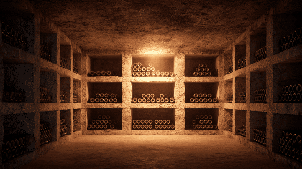 cave de bouteilles de champagne, de mousseux, de vin pétillant (ou de szampan en Pologne)