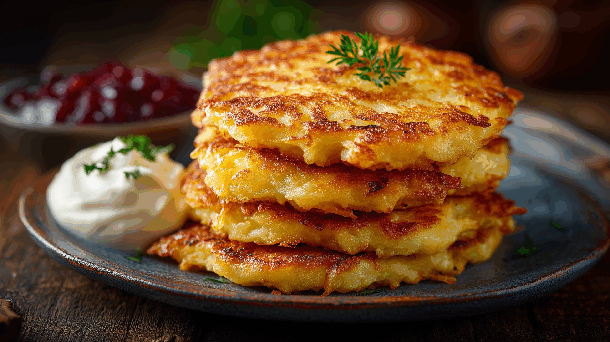 galettes de pommes-de-terre polonaises servies avec de la crème fraîche